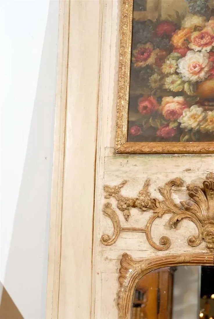French Louis XV Trumeau Mirror with Original Oil Painting & Carved Gilt Motifs - 5