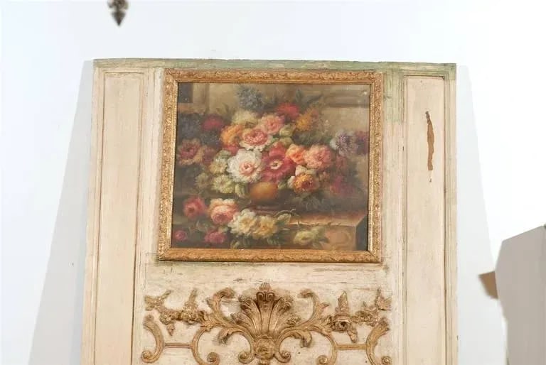 French Louis XV Trumeau Mirror with Original Oil Painting & Carved Gilt Motifs - 7