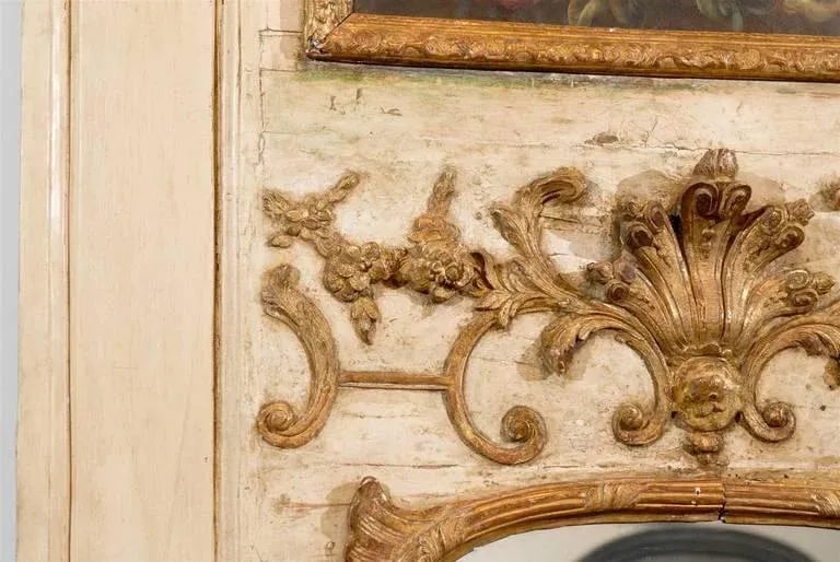 French Louis XV Trumeau Mirror with Original Oil Painting & Carved Gilt Motifs - 8