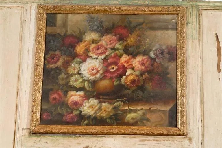 French Louis XV Trumeau Mirror with Original Oil Painting & Carved Gilt Motifs - 9