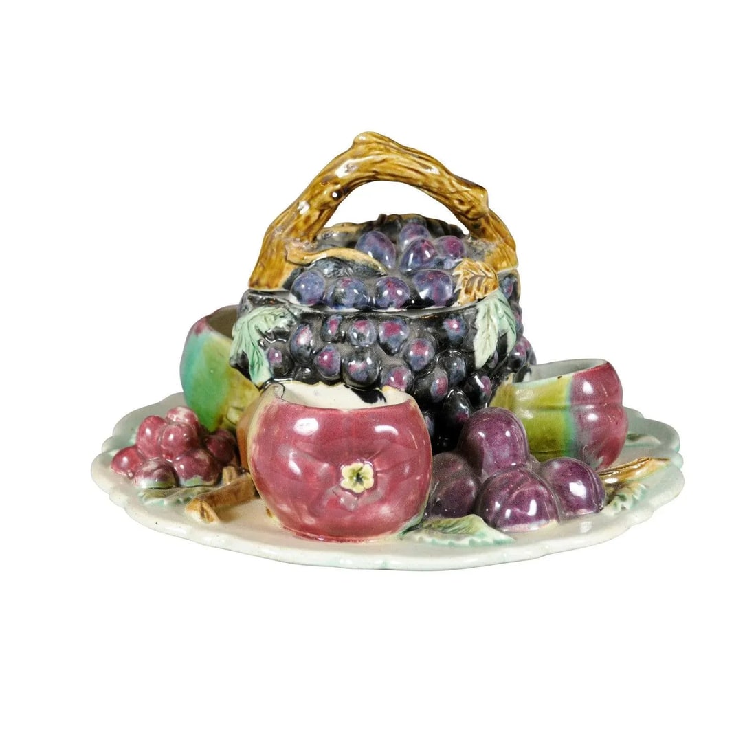 French 19th Century Glazed Majolica Lidded Fruit Dish with Grapes - 12
