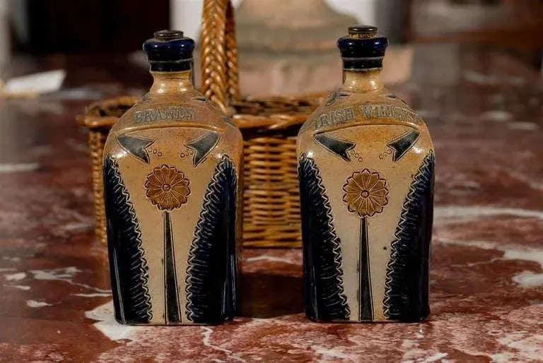 Antique Victorian English Pottery Decanters in Tantalus-Inspired Wicker Basket- 3 Pieces - 10