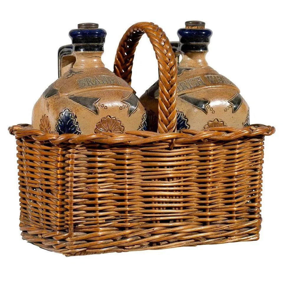 Antique Victorian English Pottery Decanters in Tantalus-Inspired Wicker Basket- 3 Pieces - 11