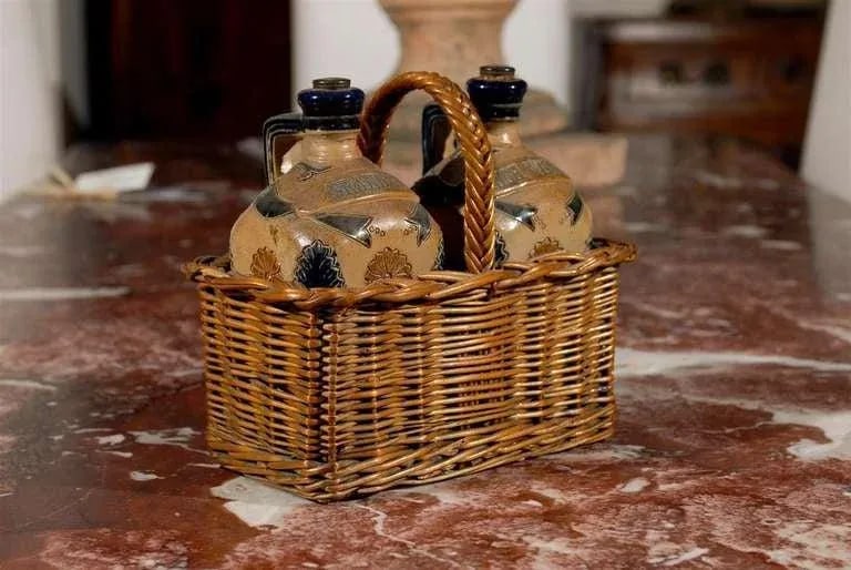 Antique Victorian English Pottery Decanters in Tantalus-Inspired Wicker Basket- 3 Pieces - 2