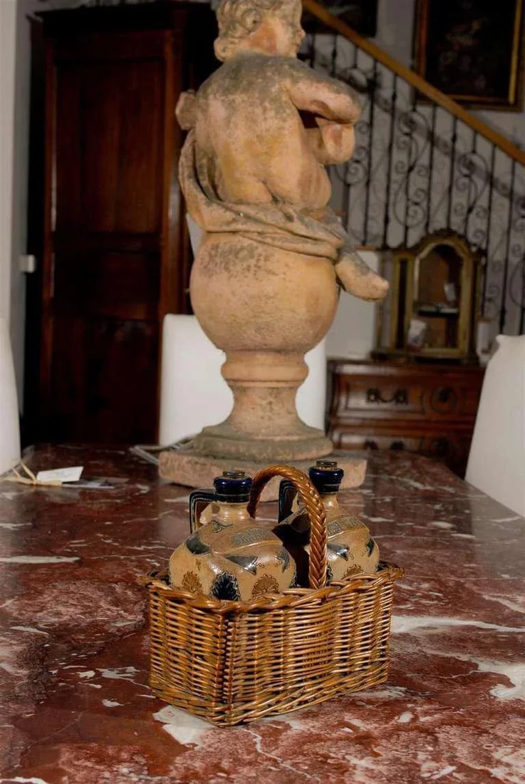 Antique Victorian English Pottery Decanters in Tantalus-Inspired Wicker Basket- 3 Pieces - 3
