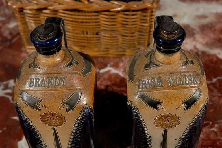 Antique Victorian English Pottery Decanters in Tantalus-Inspired Wicker Basket- 3 Pieces - 4