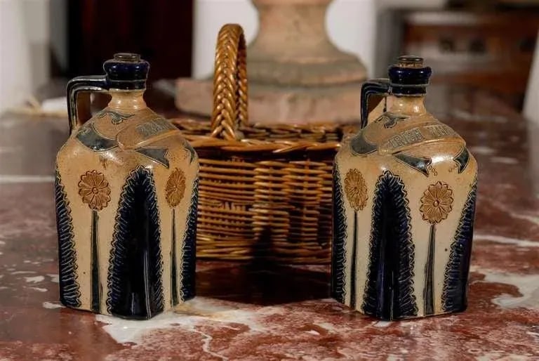 Antique Victorian English Pottery Decanters in Tantalus-Inspired Wicker Basket- 3 Pieces - 5