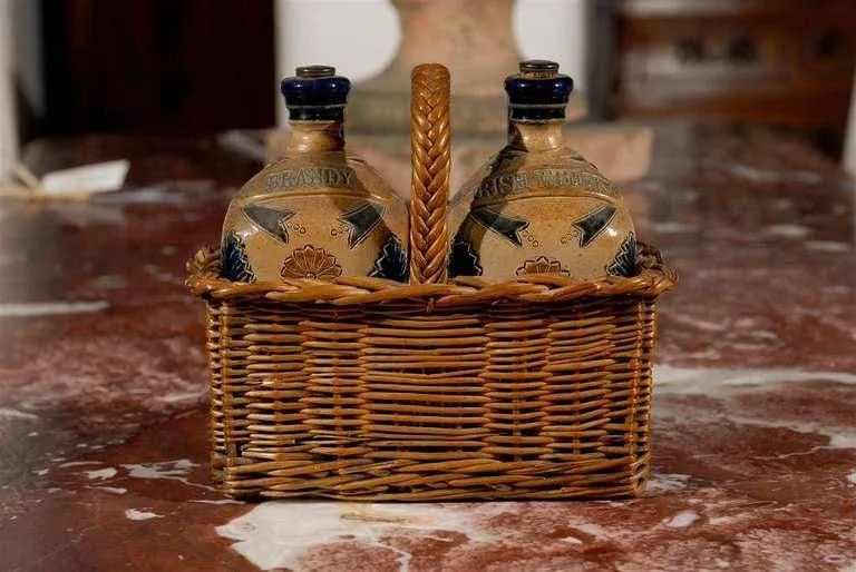 Antique Victorian English Pottery Decanters in Tantalus-Inspired Wicker Basket- 3 Pieces - 6