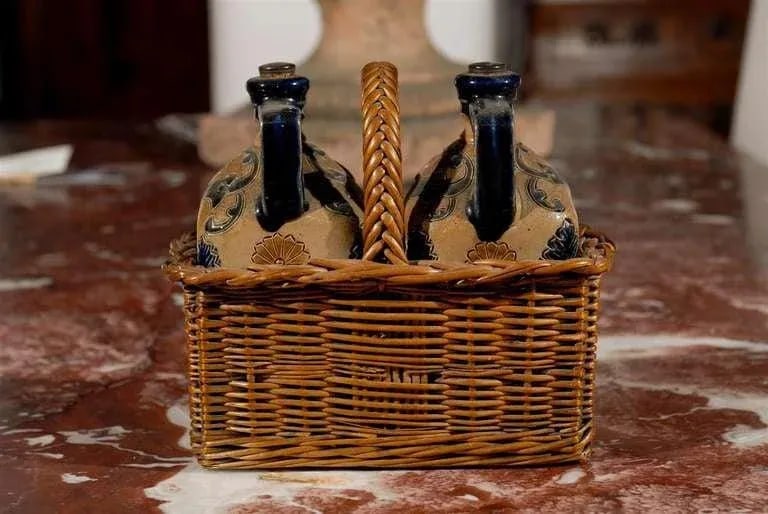Antique Victorian English Pottery Decanters in Tantalus-Inspired Wicker Basket- 3 Pieces - 7