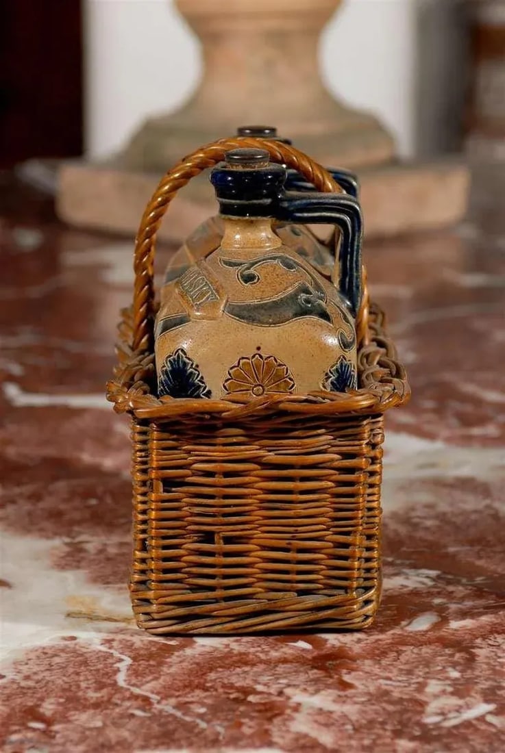 Antique Victorian English Pottery Decanters in Tantalus-Inspired Wicker Basket- 3 Pieces - 9
