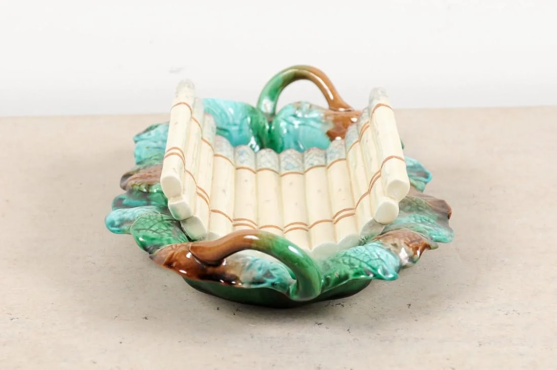 French 19th Century Longchamp Majolica Asparagus Server with Foliage Platter - 12