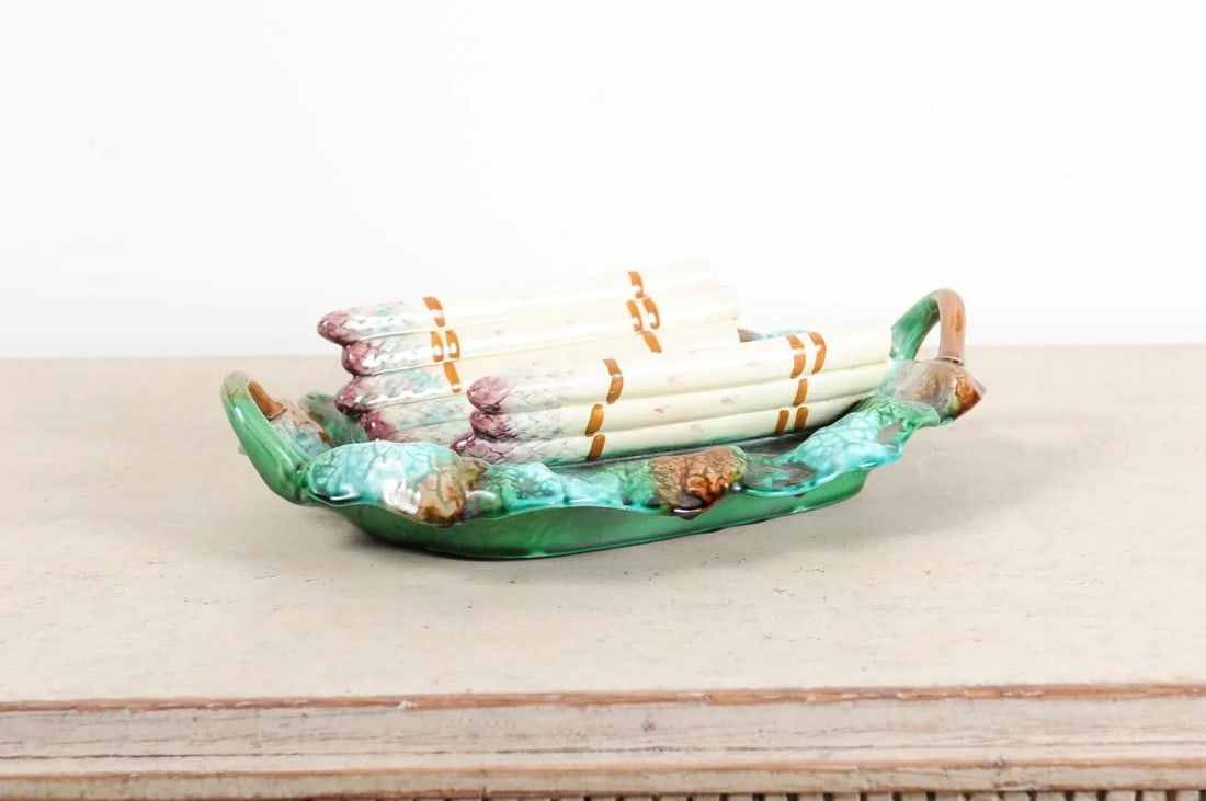 French 19th Century Longchamp Majolica Asparagus Server with Foliage Platter - 2