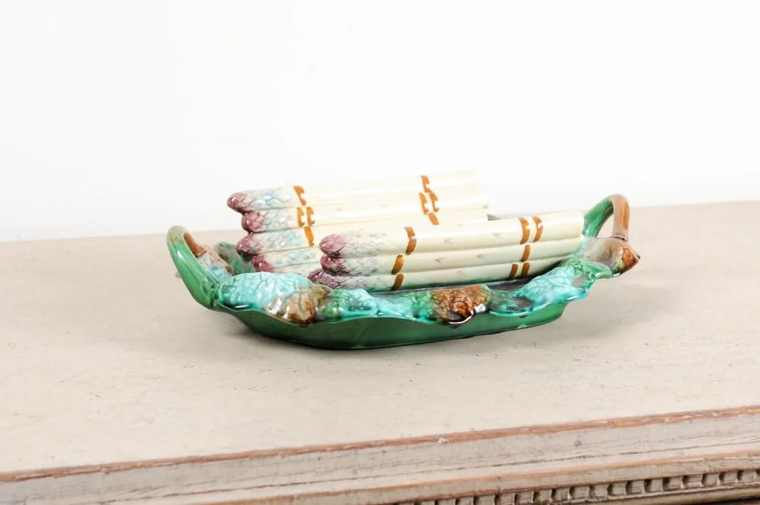French 19th Century Longchamp Majolica Asparagus Server with Foliage Platter - 6