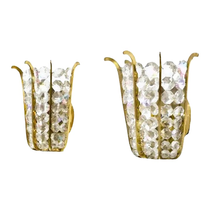 1960s Kinkeldey Germany Brass and Crystal Sculptural Sconce Set of Two, Labelled: A pair of Kinkeldey, Germany, brass and crystal sconces. Dimensions : 8.5 x 9.5 x 3. All measurements are in inches. Kinkeldey was a prestigious lighting manufacturer based in Bad Pyrmont, Germany. Th
