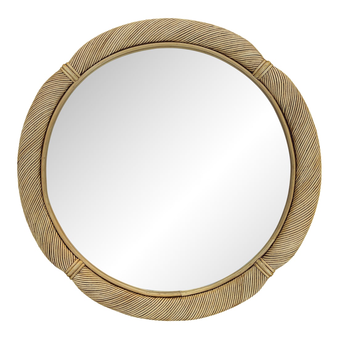 Vintage 1970s 41" Round Pencil Reed Mirror "” After Gabriella Crespi, Karl Springer, Tommi: A striking 41-inch round pencil reed mirror in the style of Gabriella Crespi's iconic 1970s organic-modern designs. The frame features tightly wrapped, diagonally braided pencil reed arranged in a rhy