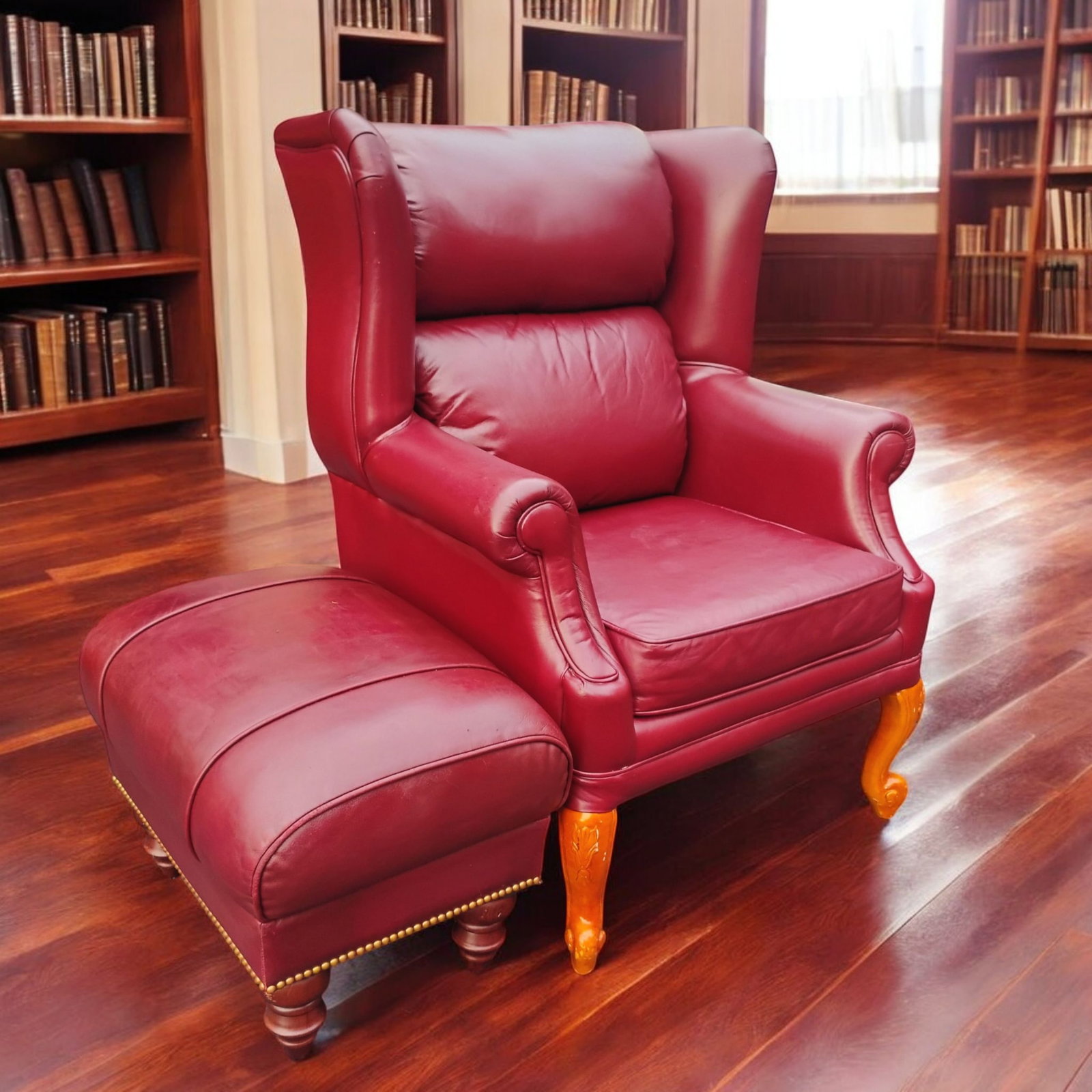 Classic Leather Wingback Chair and Ottoman Set - 2