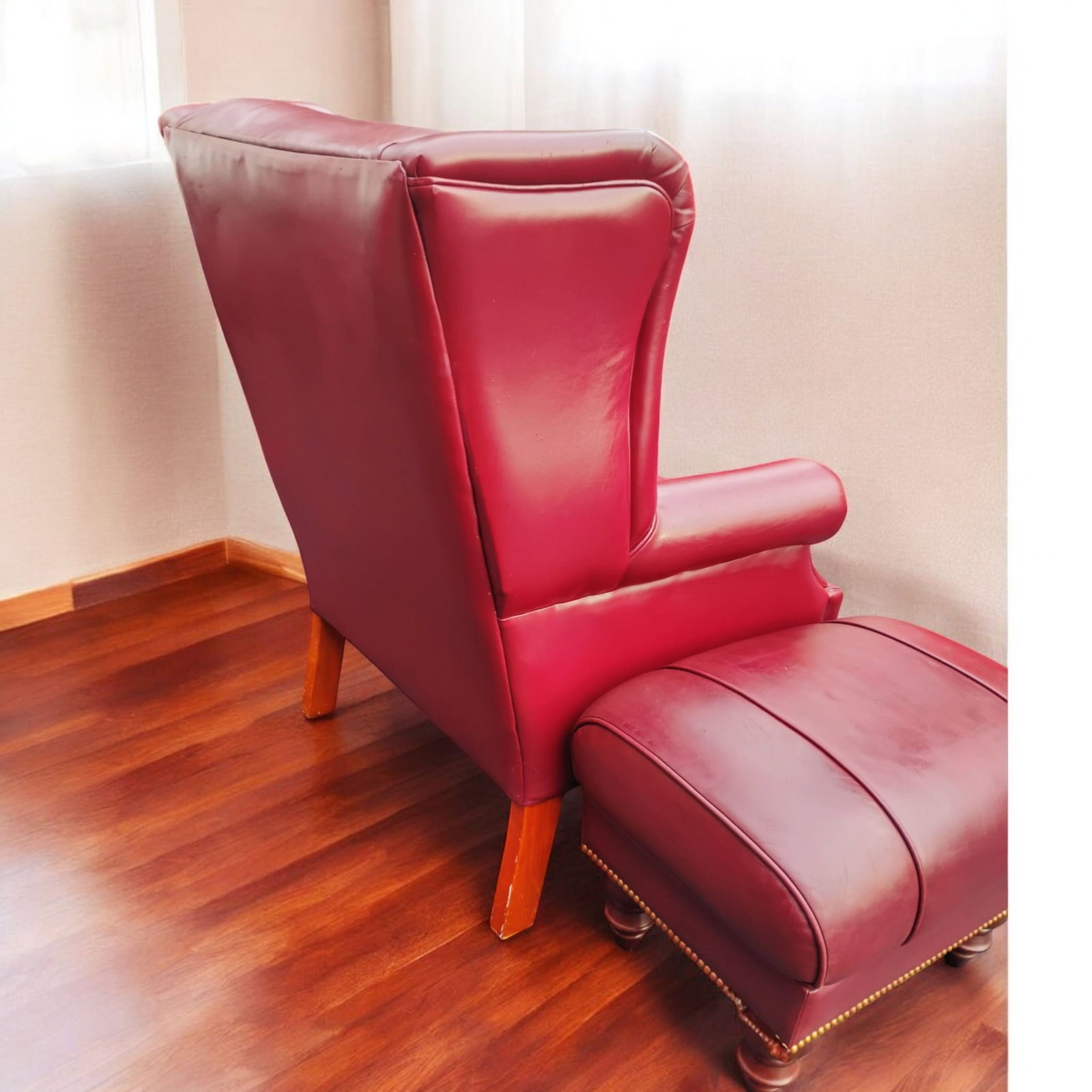 Classic Leather Wingback Chair and Ottoman Set - 3