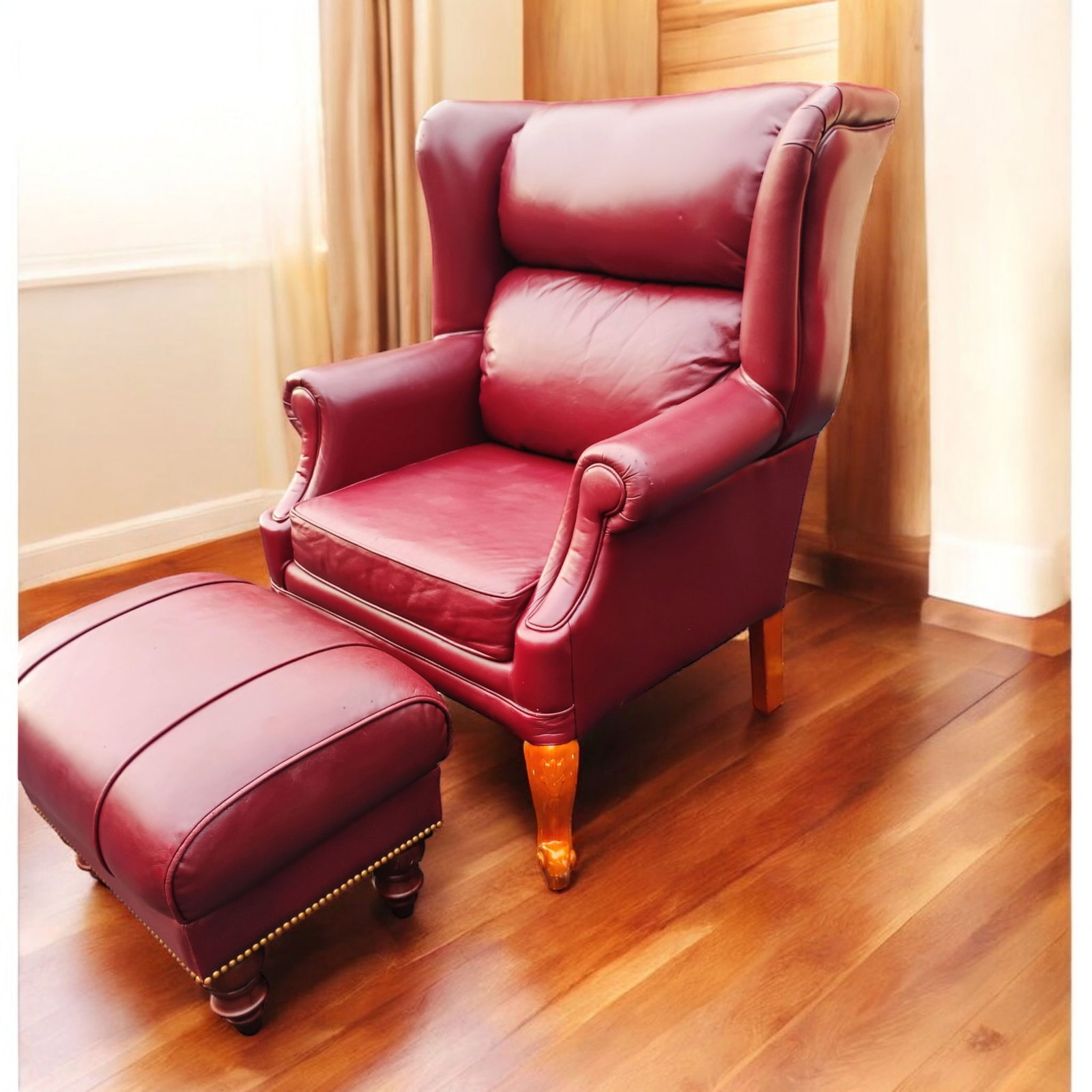 Classic Leather Wingback Chair and Ottoman Set - 4