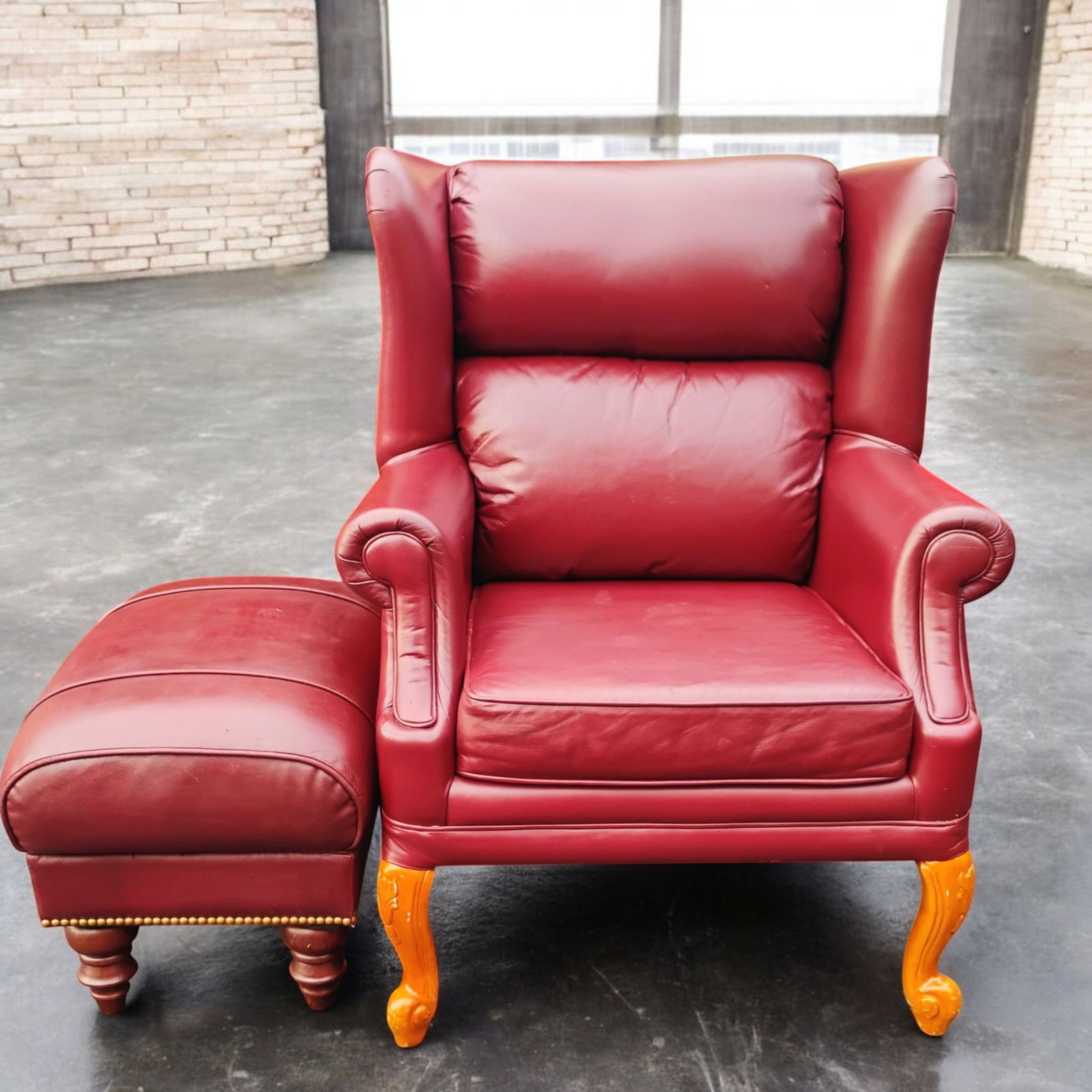 Classic Leather Wingback Chair and Ottoman Set - 5