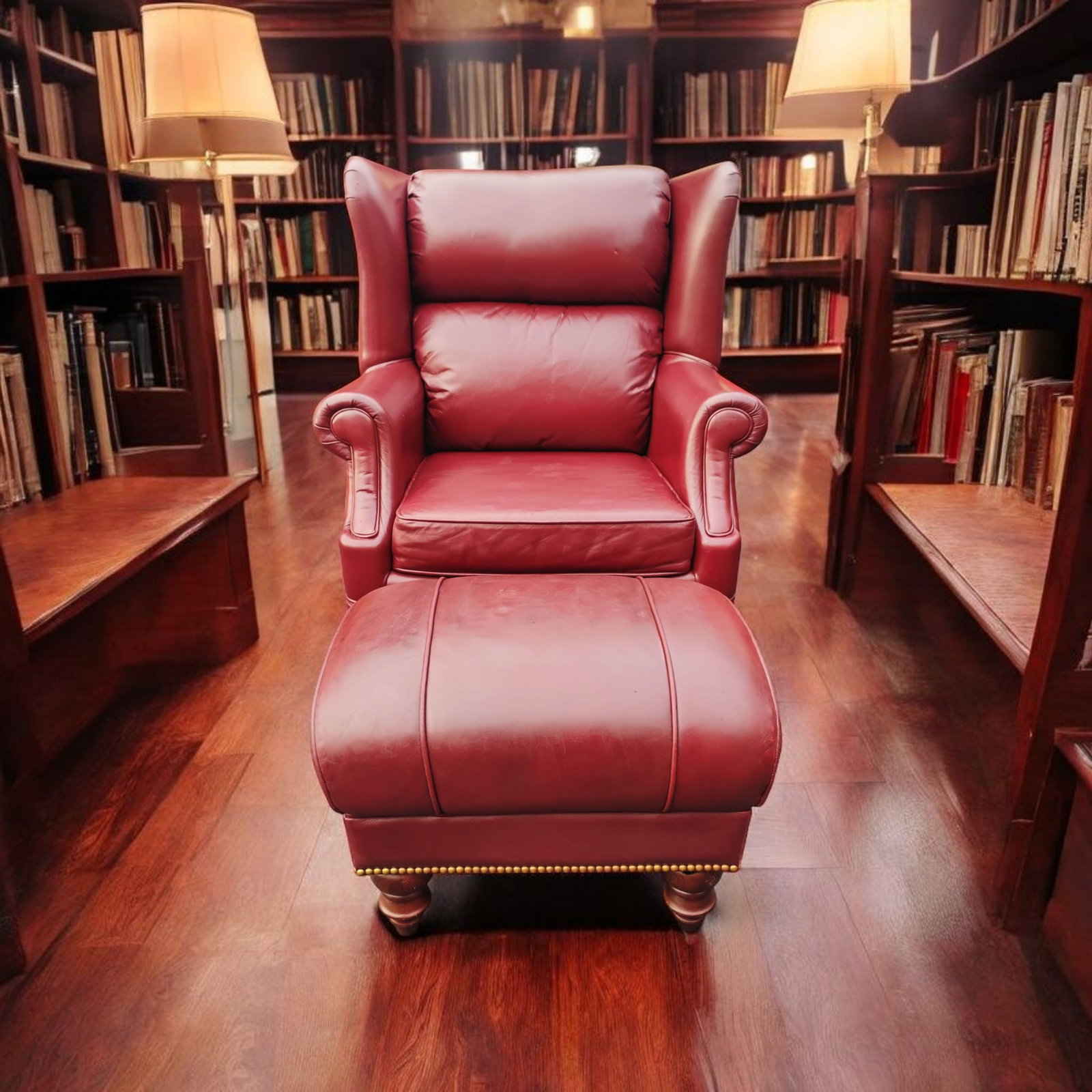Classic Leather Wingback Chair and Ottoman Set - 6