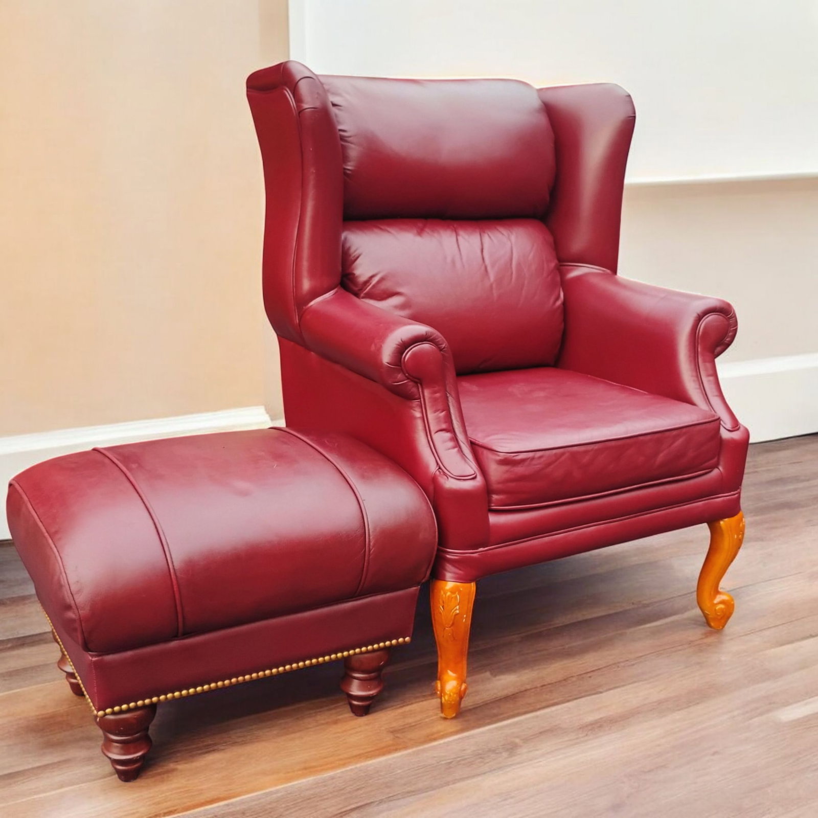 Classic Leather Wingback Chair and Ottoman Set - 7