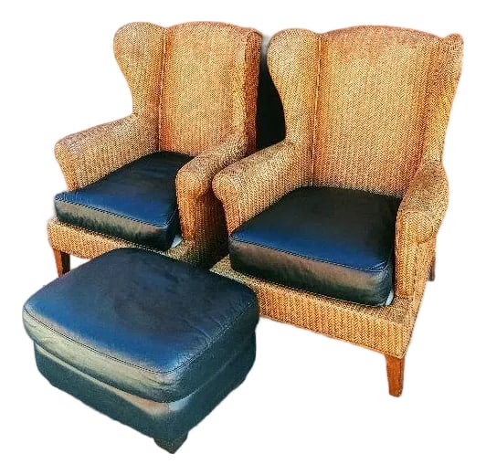 1980s Ethan Allen Wingback Chairs With a Leather Ottoman, 3 Pieces (1 of 6)