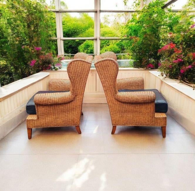 1980s Ethan Allen Wingback Chairs With a Leather Ottoman, 3 Pieces - 3