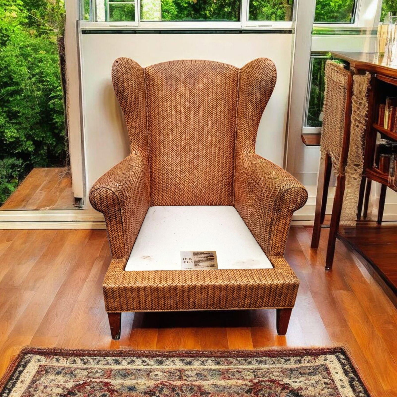 1980s Ethan Allen Wingback Chairs With a Leather Ottoman, 3 Pieces - 4