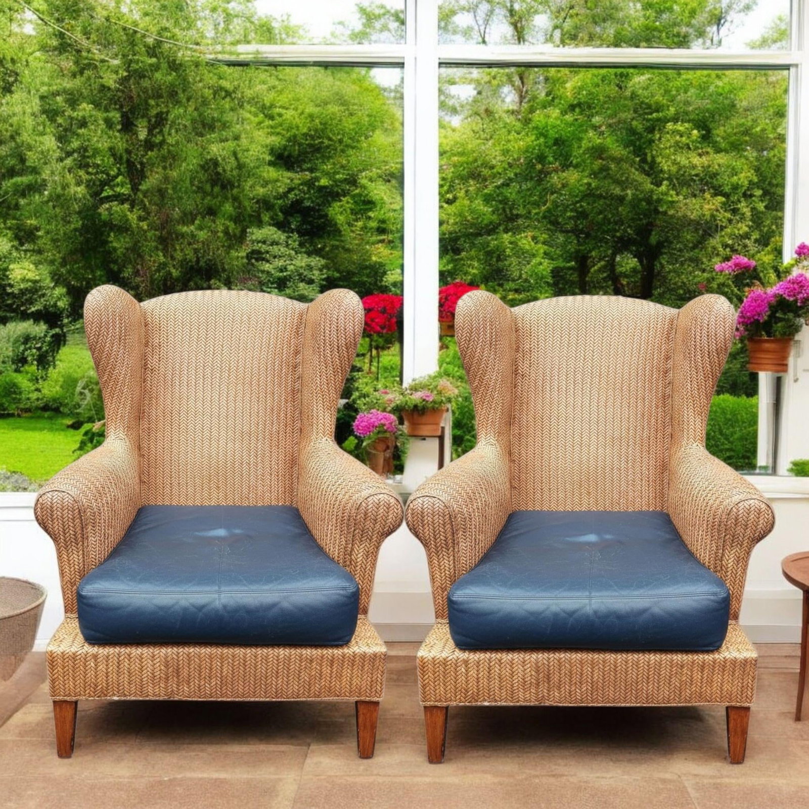 1980s Ethan Allen Wingback Chairs With a Leather Ottoman, 3 Pieces - 6