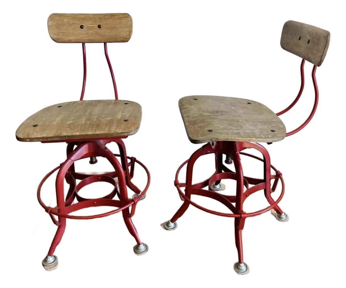 Pair of Vintage Toledo Children's Chair Restoration Hardware: Adorable pair of vintage Toledo kid-size chairs. Incredibly solid and structrually sound. Great hub of red adds playful punch of color to your child's play or study space. Retired collection. Rare.