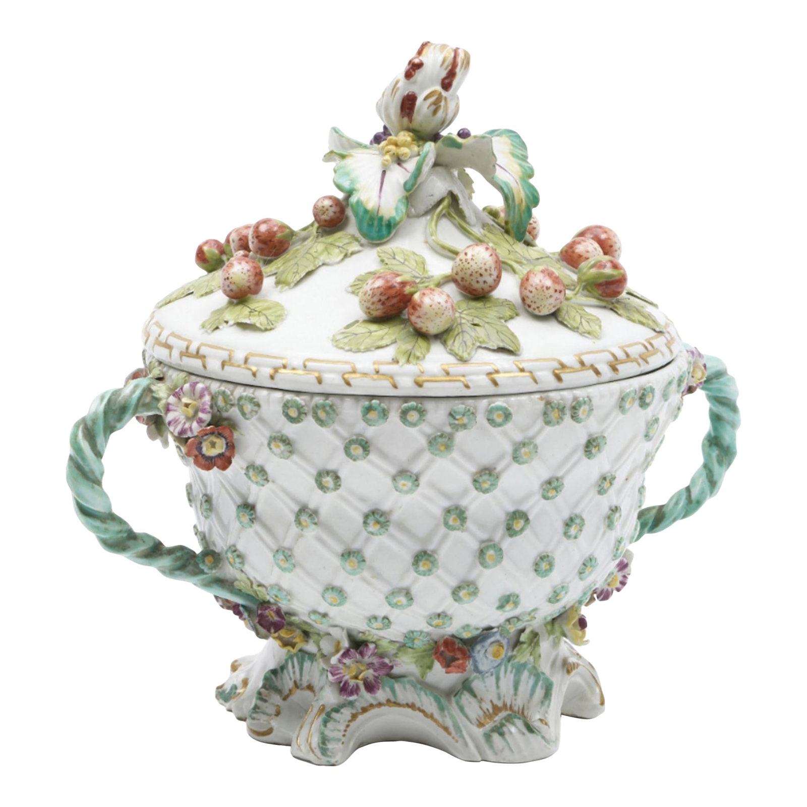 18th-Century Derby Porcelain Footed Strawberry Tureen and Cover: Fanciful Fruit: English Derby Porcelain Strawberry Tureen and Cover This is an exceptionally charming and highly decorative example of English soft-paste porcelain strawberry bowl and cover (or small