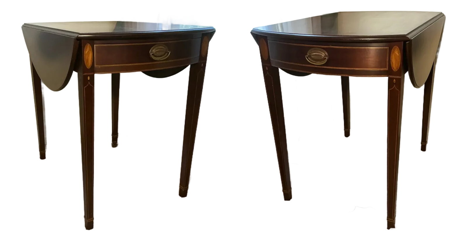 Vintage Kittinger Old Dominion Hepplewhite Style Drop Leaf End Tables - Set of 2: These elegant mahogany tables feature classic Hepplewhite design details, drop-leaf sides, and a dovetail drawer. Beautiful in a formal living room, library, or as sophisticated nightstands. Each