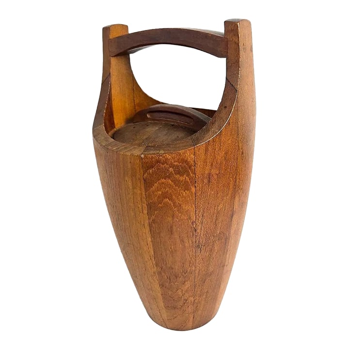 Vintage Style After Dansk Congo Staved Teak Ice Bucket by Jens Quistgaard - 16" Danish Modern: This iconic Congo ice bucket represents Danish designer Jens Quistgaard's masterful fusion of sculptural form and functional design. Created for Dansk Designs in the late 1950s, the Congo series