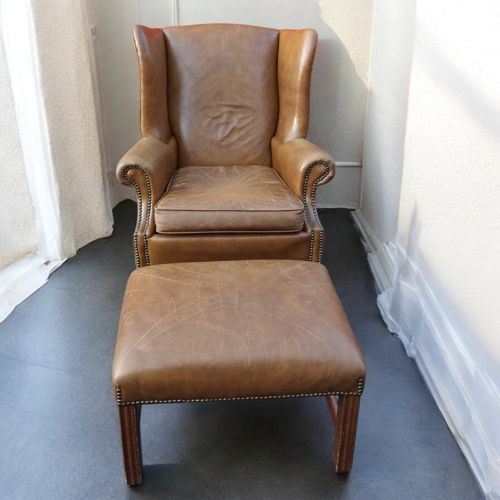 Wingback Leather Armchair and Matching Ottoman by Classic Leather. - 2
