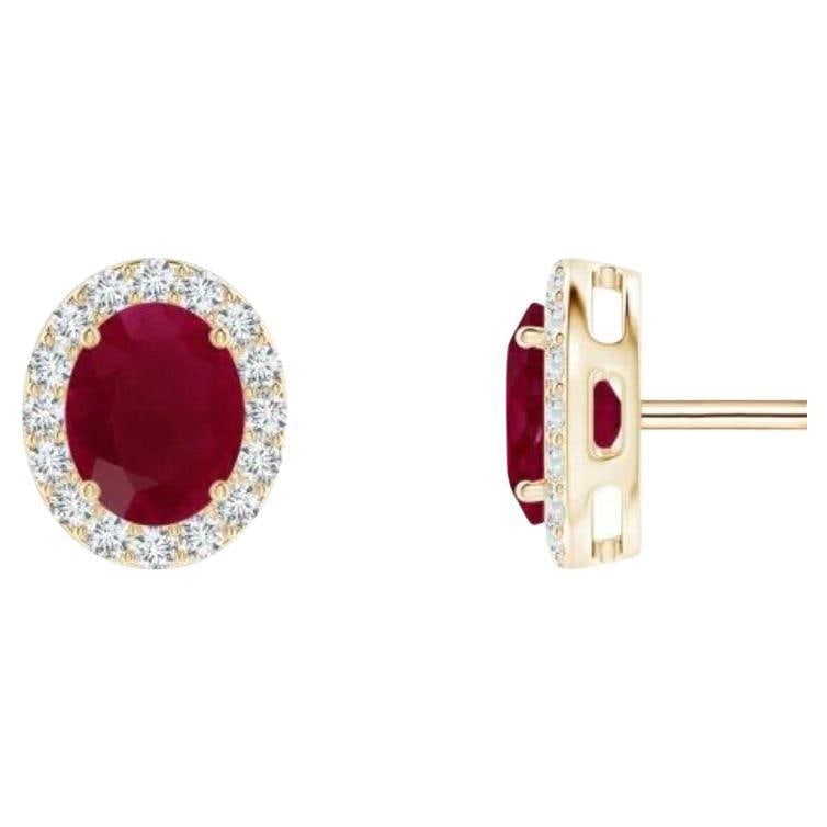 1 Carat Oval Natural Ruby and Diamond Stud Post Earrings 14 Karat Yellow Gold - 15