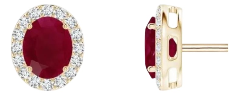 1 Carat Oval Natural Ruby and Diamond Stud Post Earrings 14 Karat Yellow Gold: This luxurious pair of ruby halo stud earrings is designed in 14K Yellow gold. The oval red Rubies are surrounded by a dazzling halo of round diamonds. Oval Natural Ruby stud Post Earrings 14 Karat