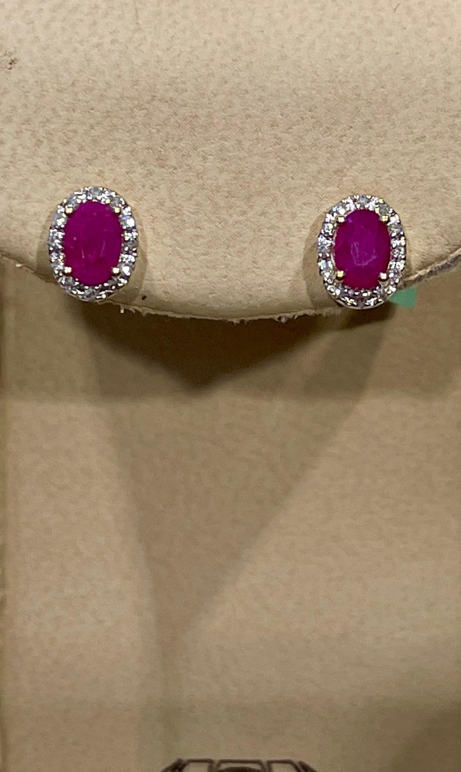 1 Carat Oval Natural Ruby and Diamond Stud Post Earrings 14 Karat Yellow Gold - 3