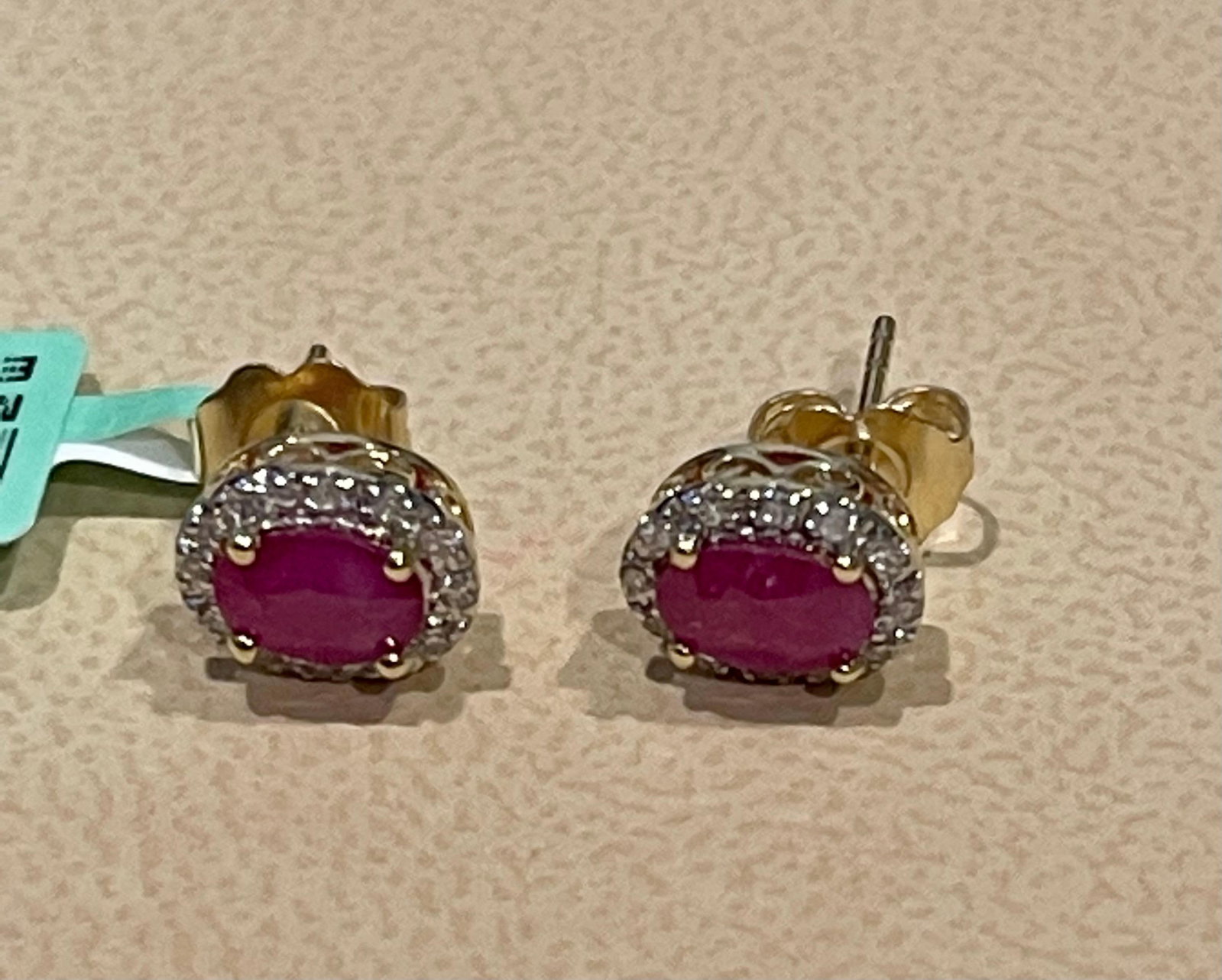 1 Carat Oval Natural Ruby and Diamond Stud Post Earrings 14 Karat Yellow Gold - 5