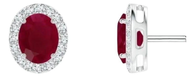 1 Carat Oval Natural Ruby and Diamond Stud Post Earrings 14 Karat White Gold: This luxurious pair of ruby halo stud earrings is designed in 14K White gold. The oval red Rubies are surrounded by a dazzling halo of round diamonds. Oval Natural Ruby stud Post Earrings 14 Karat