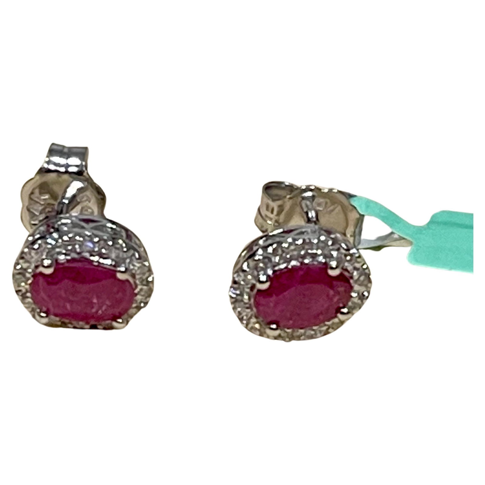 1 Carat Oval Natural Ruby and Diamond Stud Post Earrings 14 Karat White Gold - 3