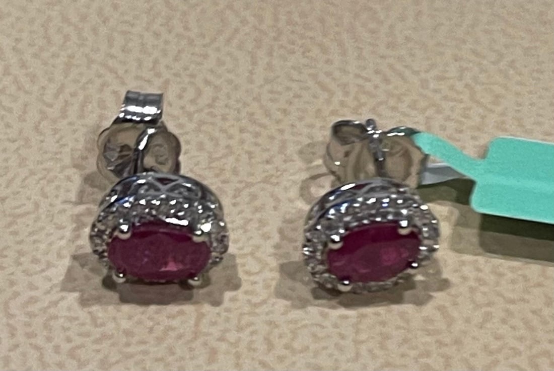1 Carat Oval Natural Ruby and Diamond Stud Post Earrings 14 Karat White Gold - 6