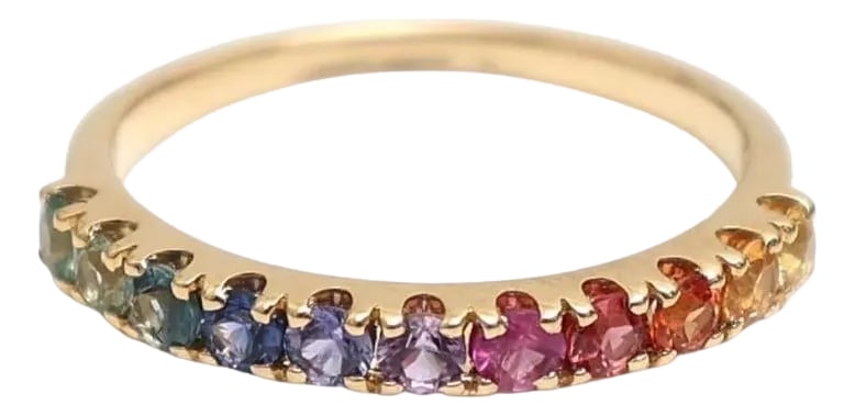 Natural 0.54 cts rainbow sapphire ring in 18k gold: Rainbow sapphire round half eternity band ring gold Natural rainbow ombre sapphire round stackable ring gold Rainbow sapphire ring gold STONE DETAILS : âœ¦ Gemstone: Rainbow Sapphire &#