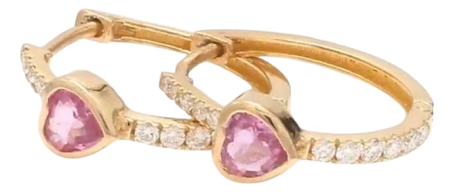 0.49 cts Natural pink sapphire & 0.18 cts diamond earrings in 14k gold: Pink sapphire heart diamond hoops earring gold Natural heart pink sapphire diamond earrings gold Pink sapphire heart hoops earrings gold GEMSTONE DETAILS : âœ¦ Gemstone : Pink Sapphire