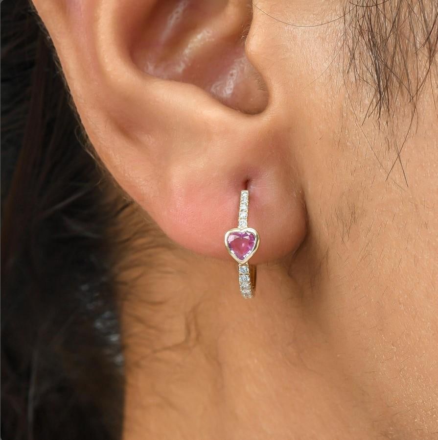 0.49 cts Natural pink sapphire & 0.18 cts diamond earrings in 14k gold - 7