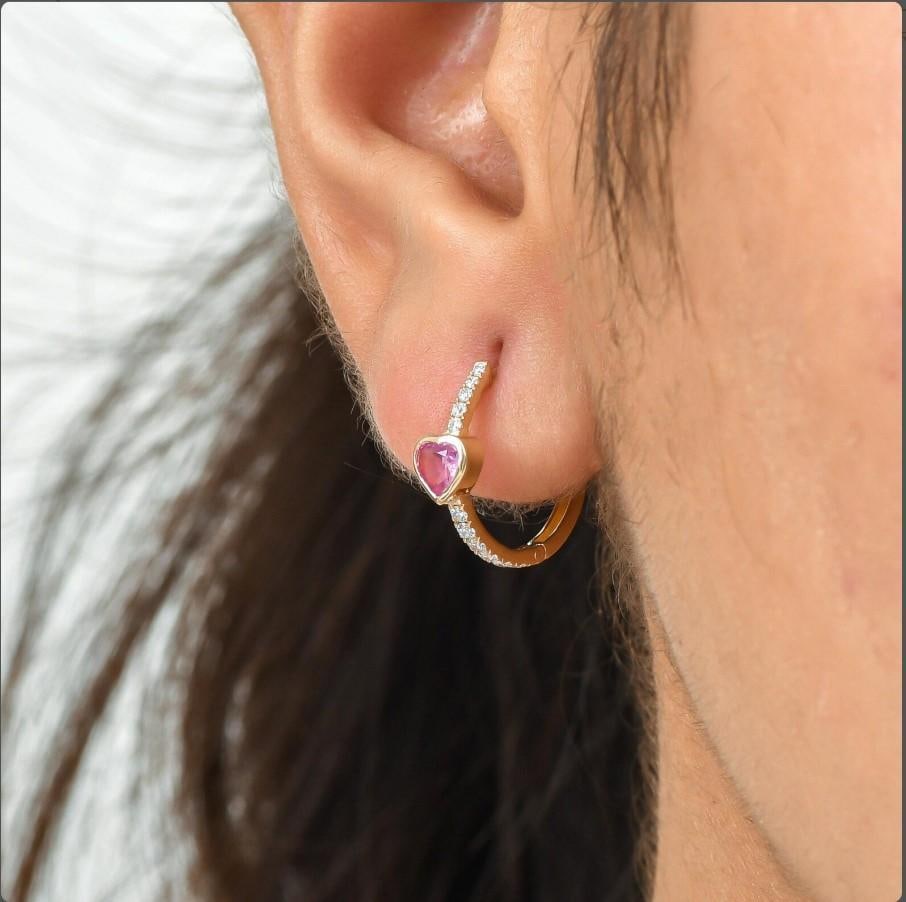 0.49 cts Natural pink sapphire & 0.18 cts diamond earrings in 14k gold - 8