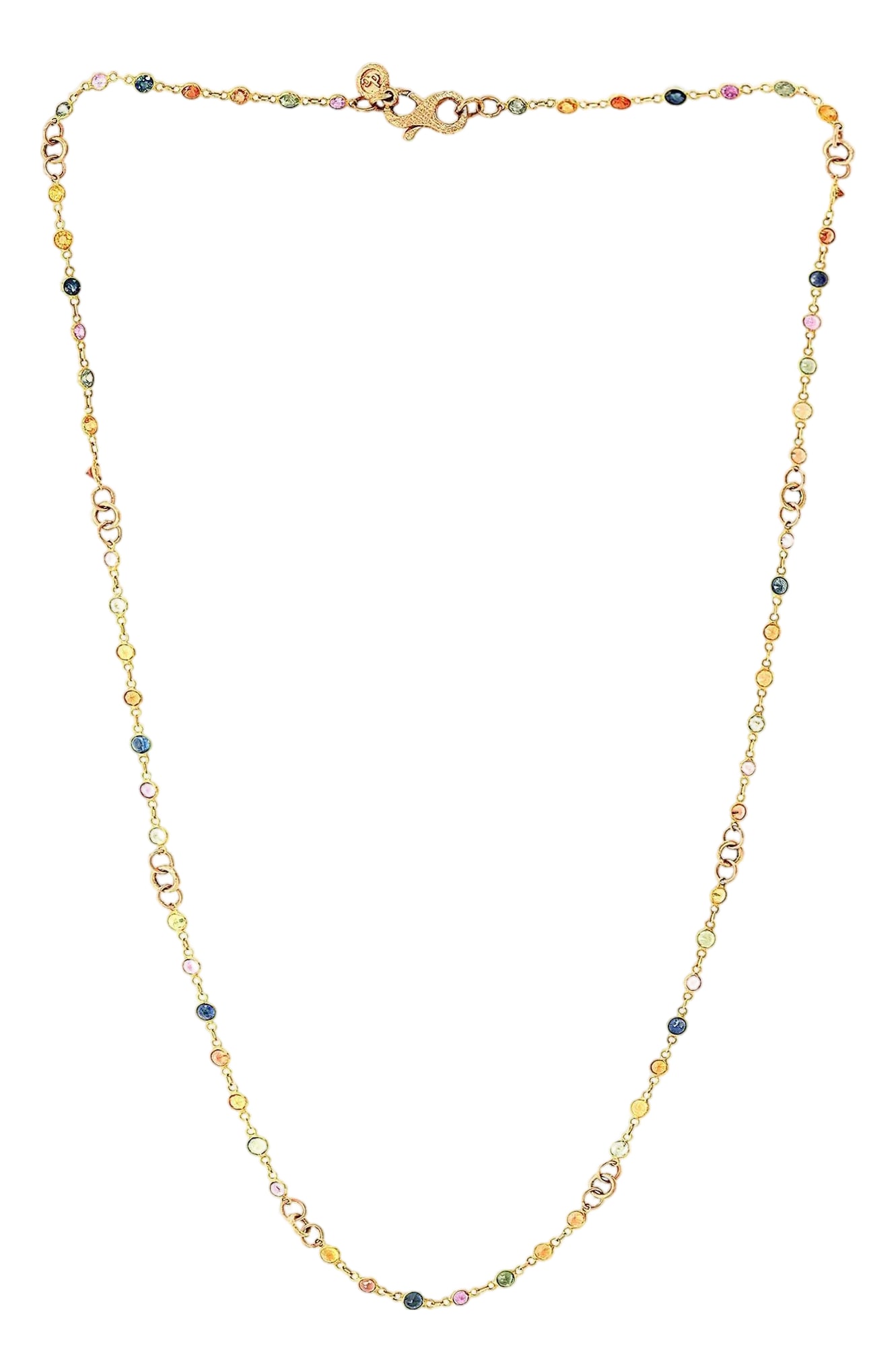 Bezel-Set Multi-Sapphire Station Necklace 18kt Yellow Gold by Designer dc: Bezel-Set Multi-Sapphire Station Necklace 18kt Yellow Gold 21" By Designer dc Simple yet elegant, this 18k yellow gold necklace allures with its minimalistic design. Glorious round multi sapphires