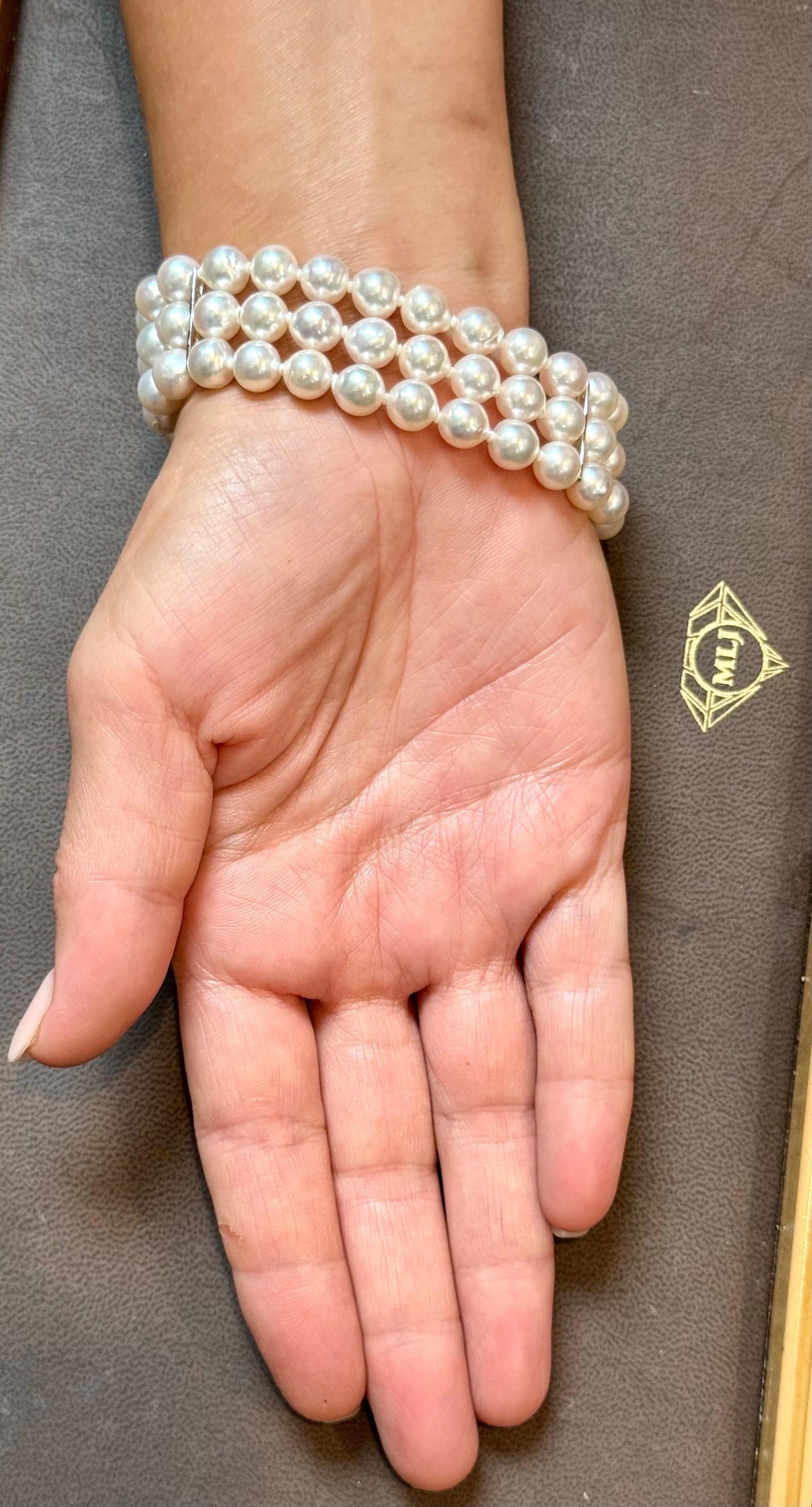 8mm Akoya Japanies Pearl Triple Strand Bracelet, Sterling Silver Clasp, 8 Inch - 13