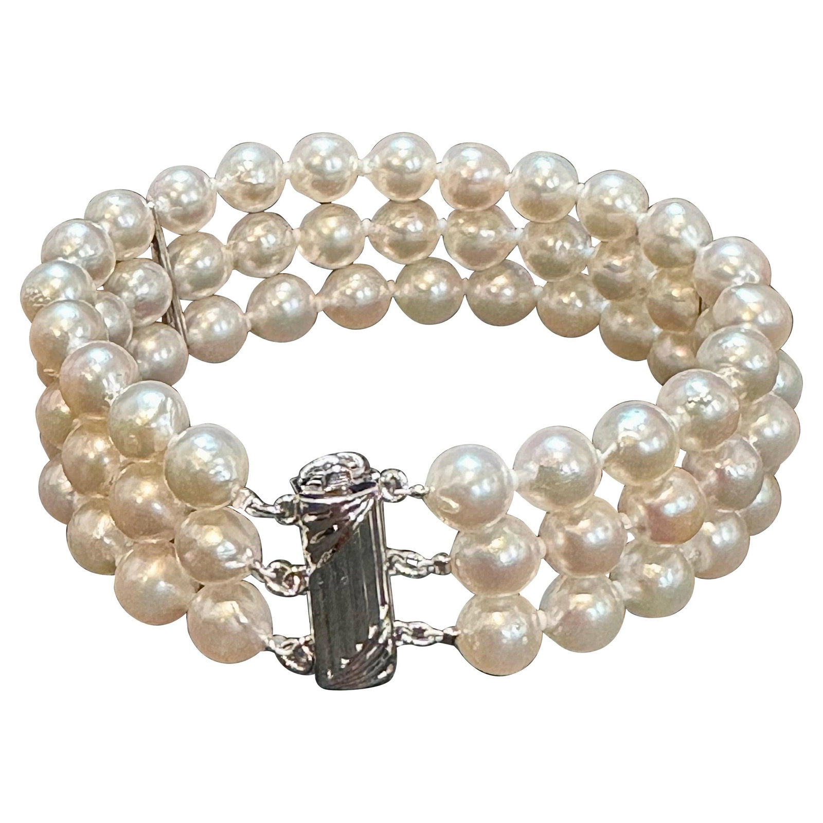 8mm Akoya Japanies Pearl Triple Strand Bracelet, Sterling Silver Clasp, 8 Inch - 15