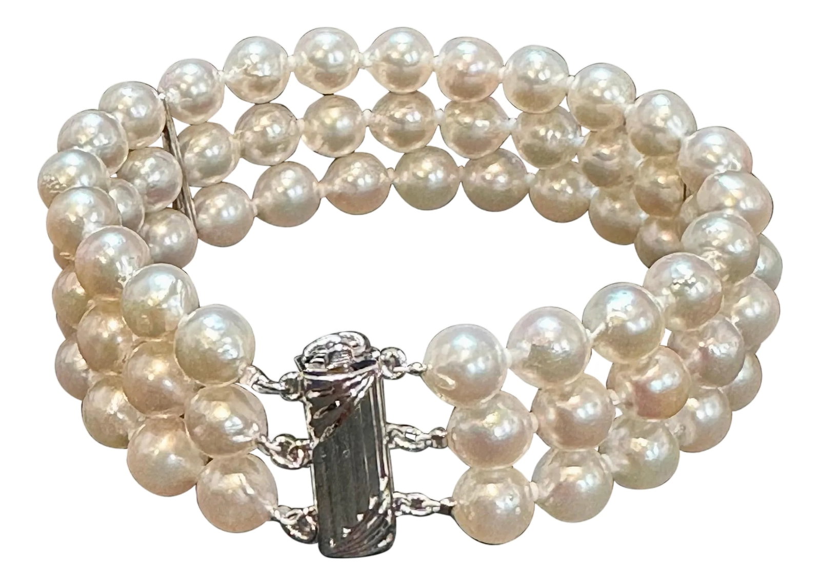 8mm Akoya Japanies Pearl Triple Strand Bracelet, Sterling Silver Clasp, 8 Inch: Introducing a stunning piece of jewelry – an 8-inch long, triple-strand bracelet adorned with exquisite 8mm Akoya pearls from Japan. This marvelous bracelet is accentuated by a sterling silver