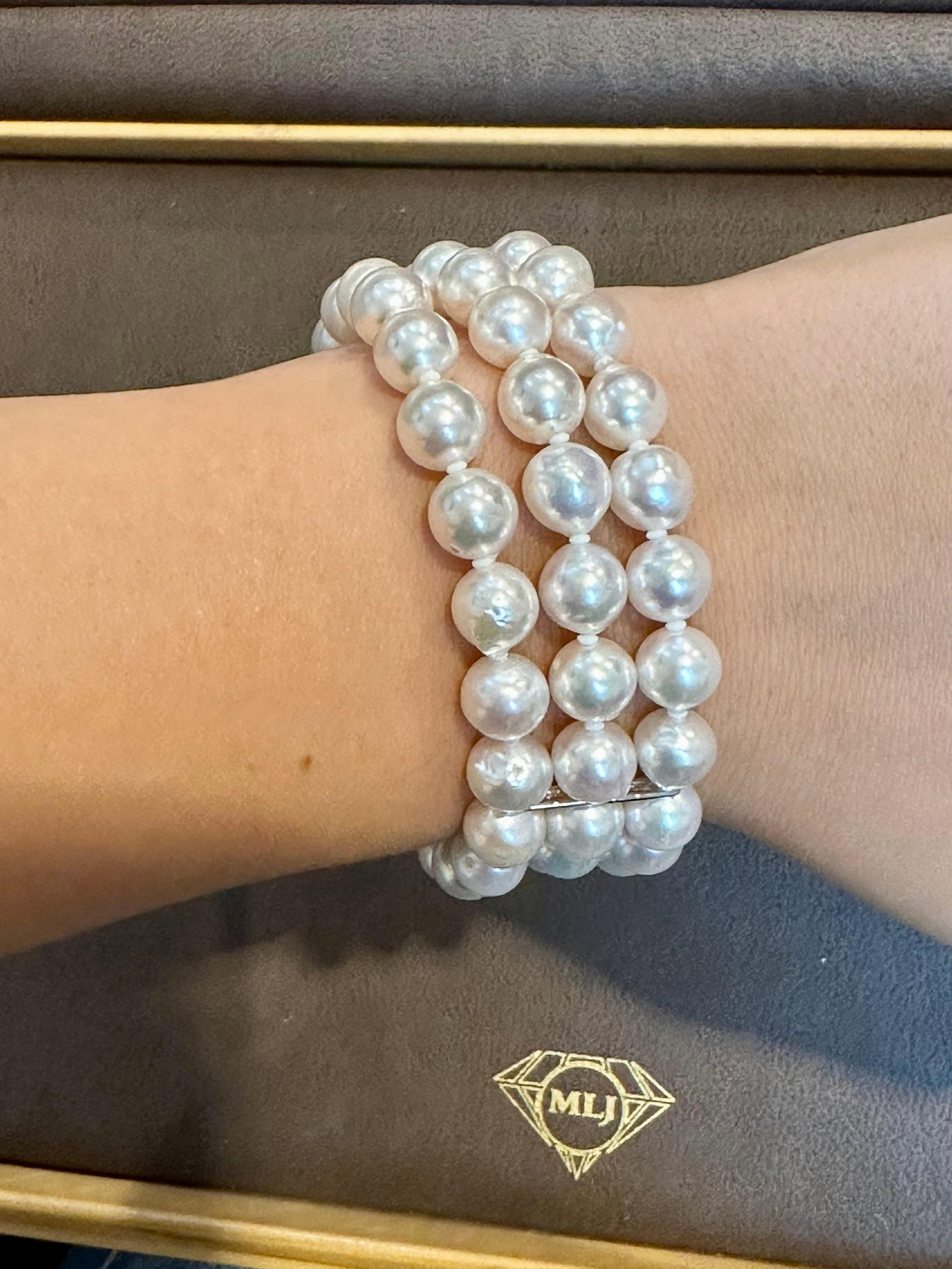 8mm Akoya Japanies Pearl Triple Strand Bracelet, Sterling Silver Clasp, 8 Inch - 2
